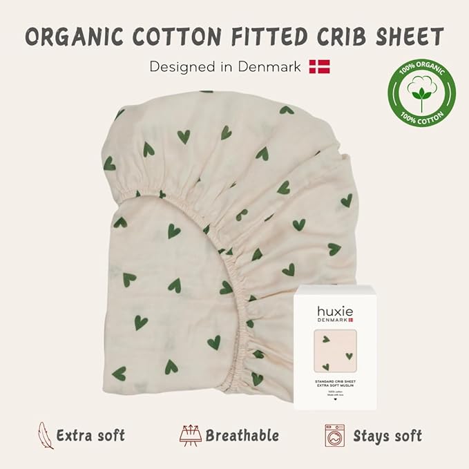 Crib Sheets – Organic Cotton Muslin Fitted Crib Sheet – Standard Size for Baby Boy and Baby Girl 28" x 52" Ultra-Soft and Breathable. (Green Hearts)