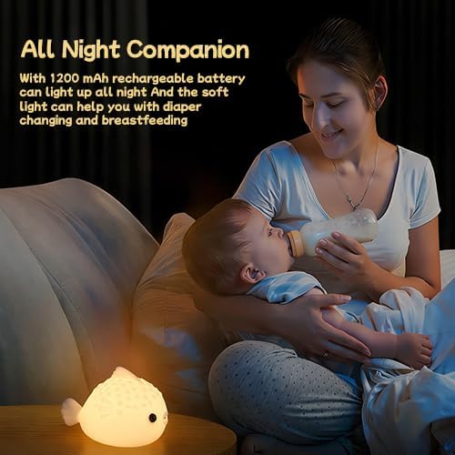 DNBFLLK White Pufferfish Night Light - Silicone Touch Sensor Lamp for Nursery, 3 Adjustable Brightness, USB-C Rechargeable Baby-Safe Bedside Light, Modern Kids Room Decor & Toddler Sleep Aid