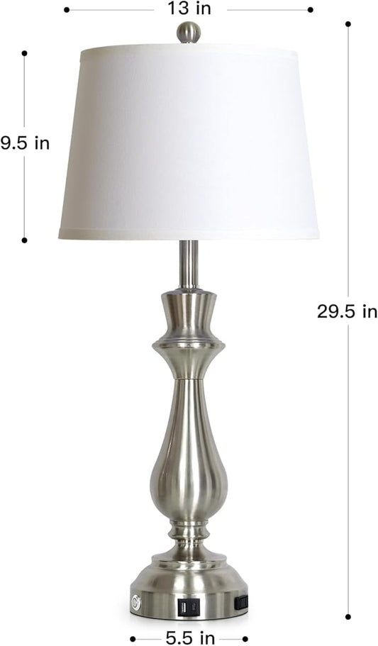 luxeflow Modern Silver Table Lamps Set of 2 for Living Room,30" Tall Bedside Lamp with USB Charging Port,3-Way Dimmable Touch Nightstand Lamp for Bedroom Desk Side Table Office,Silver