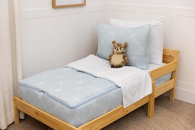Beddy's Bow & Ribbon Themed Durable Zipper Bedding for Kids, Bed in a Bag, Baby Blue Comforter & White Pinstripe Sheets, Includes Pillowcase & Pillow Sham, Easy to Make & Wash