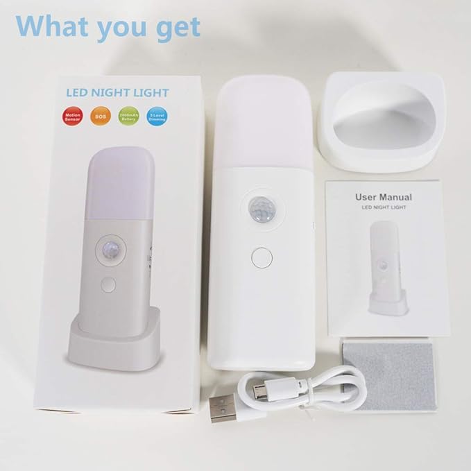 CREWEEL Motion Sensor Night Light, Dimmable Night Lights with 5 Brightness Levels, 2000mAh Rechargeable Battery Operated Light, Portable Motion Sensor Light for Kids Room, Bedroom, Hallway