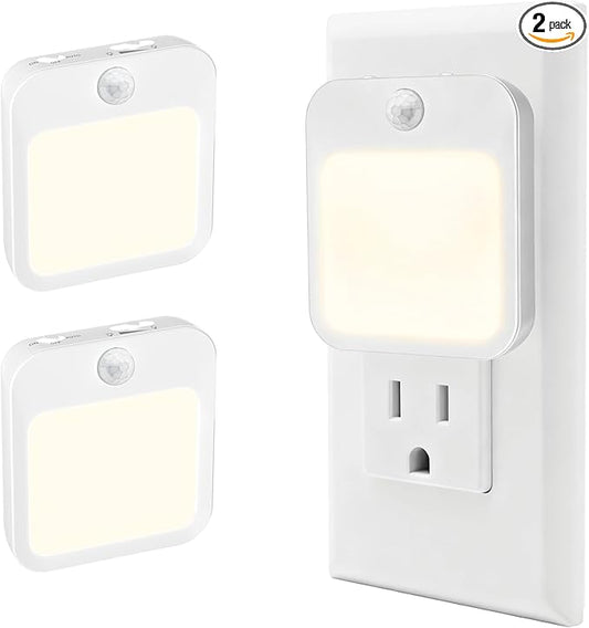 Plug-in Night Light with Motion Sensor, Dusk-to-Dawn Light Sensor, Stepless Dimming LED Night Lights for Bedroom, Hallway, Bathroom, Kids Room, Energy Efficient, 2-Pack