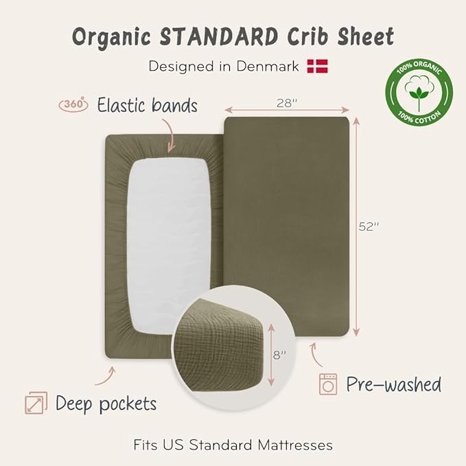 Crib Sheets – Organic Cotton Muslin Fitted Crib Sheet – Standard Size for Baby Boy and Baby Girl 28" x 52" Ultra-Soft and Breathable. 2-Pack (Fog/Sage Green)