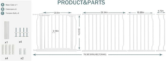 Extra Wide Baby Gates Large Long Dog Gates for The House Doorways Stairs Pressure Mount Dog Pet Gate Walk Through Metal Child Indoor Safety Gates (White, 76.38"-86.3"/194-219CM)