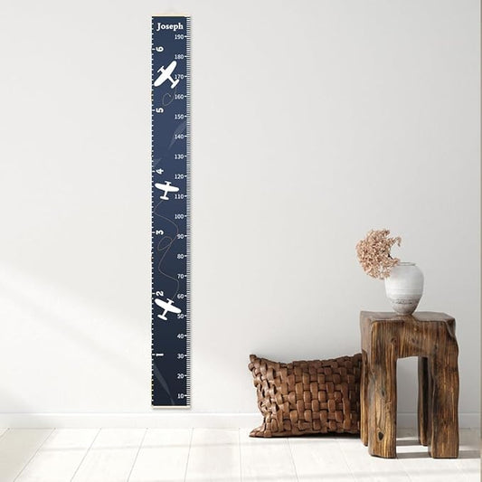 Personalized Growth Chart for Kids, Baby Height Chart with Custom Name, 77"x7.9" Canvas and Beige Wood Height Measuring Rulers for Boys Girls Removable Wall Ruler Hanging for Nursery Decor - Plane