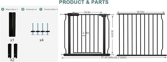 Extra Wide Baby Gate Extra Tall Tension Indoor Safety Gates Black Metal Large Pressure Mount Pet Gate Walk Through Safety Dog Gate for The House Doorways Stairs (57.48"-62.2"/146-158CM, Black)