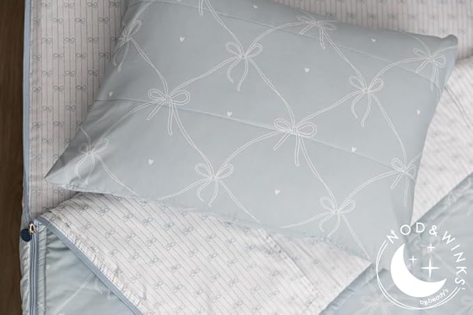 Beddy's Bow & Ribbon Themed Durable Zipper Bedding for Kids, Bed in a Bag, Baby Blue Comforter & White Pinstripe Sheets, Includes Pillowcase & Pillow Sham, Easy to Make & Wash