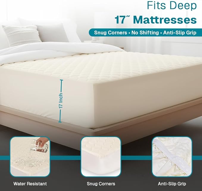 FABDREAMS Organic Quilted Mattress Protector Twin Size | Mattress Pad| Mattress Cover| Naturally Breathable | Noiseless| Fits up to 17" Deep Pockets| Temperature Regulating | Ivory
