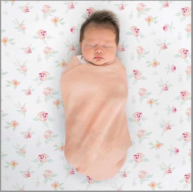 SwaddleDesigns Softest Cotton Muslin Fitted Crib Sheet, Toddler Sheet for Boys & Girls, Fits Standard Crib Mattress (28 x 52 inches), Watercolor Peachy Pink Floral