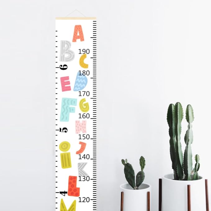 Nustila Colorful Alphabet Growth Chart for Kids Baby Height Chart Ruler Removable Canvas Wooden Frame Hanging Wall Rulers Measurement Charts for Toddler Room Nursery Decor - 79"X7.9" with Beige Wood