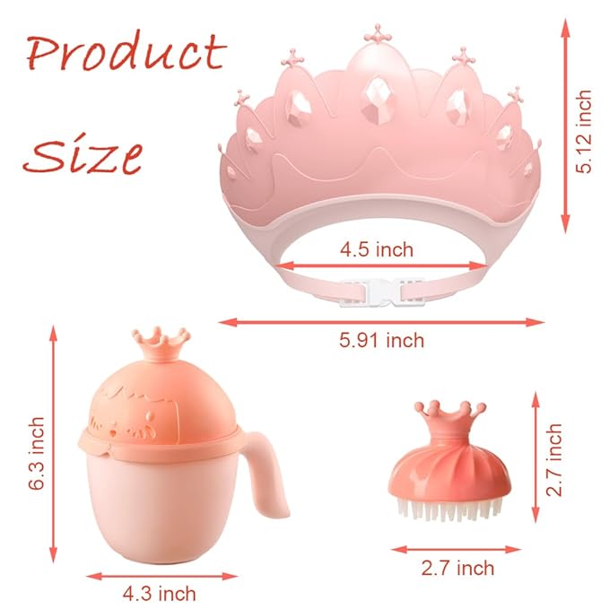 Baby Shower Cap Shield, Baby bath set shower cap/water cup/massage brush,Visor Hat for Eye and Ear Protection for 0-9 Years Old Children,Cute Crown Shape Makes the Baby Bath More Fun (Pink)
