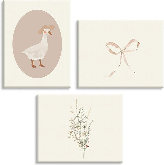 Coquette Vintage Wall Art Decor Pink Goose Nursery Poster Baby Girl Room Canvas Wall Decor Preppy Aesthetic Picture Trendy Bow Floral Prints Silly Goose Artwork for Bedroom 12x16x3 Inch Wrapped Canvas