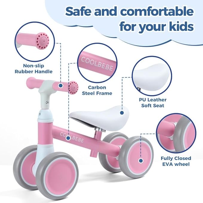 COOLBEBE Baby Balance Bike for 1 Year Old Boys Girls Gift, 2 Year Old Toddler Balance Bike with 4 Silent Wheels, One Year Old Birthday Gift Children for 12M-36M Pre-School