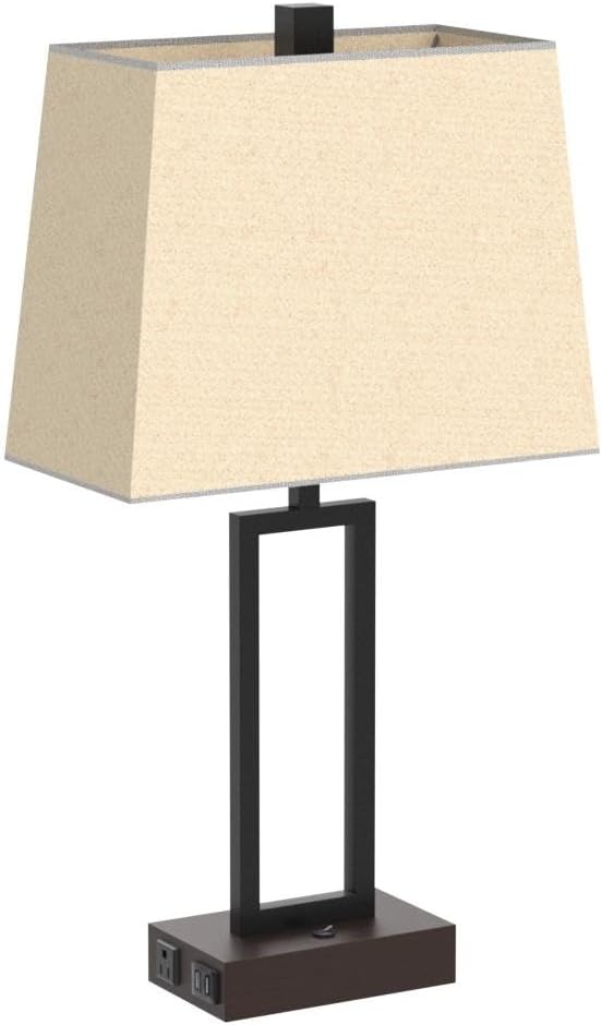 Lolikit Table Lamp for Bedroom Set of 2 with 2 USB Ports and AC Power Outlet, 23.5" Modern Bedside Lamp, Wood Nightstand Lamp with Linen Shade for Living Room Hotel Desk(LED Bulb Included)