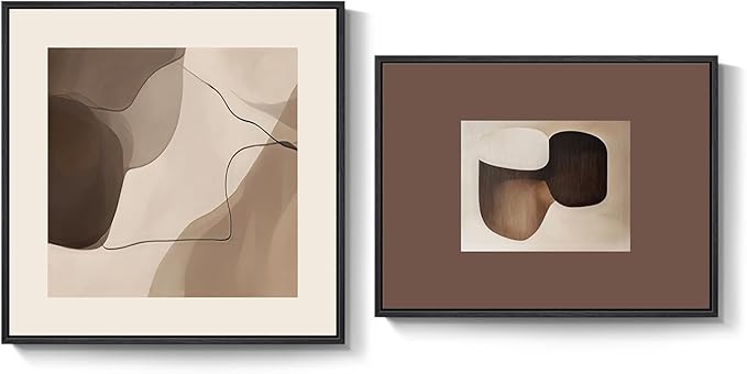 Framed Neutral Abstract Wall Art Bedroom Set of 2, Minimalist Brown Artwork for Living Room Walls, Mid Century Modern Abstract Paintings Prints for Hallway Office Kitchen Wall Decor, 24x24 & 24x18 In