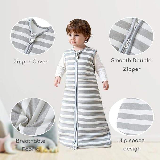 Baby Sleep Sack 18-24 Months 1.5 TOG, 2 Pack Bamboo Baby Wearable Blanket with 2-Way Zipper, Infant Toddler Sleeping Sack for Newborn Boys and Girls, Grey & Stripe