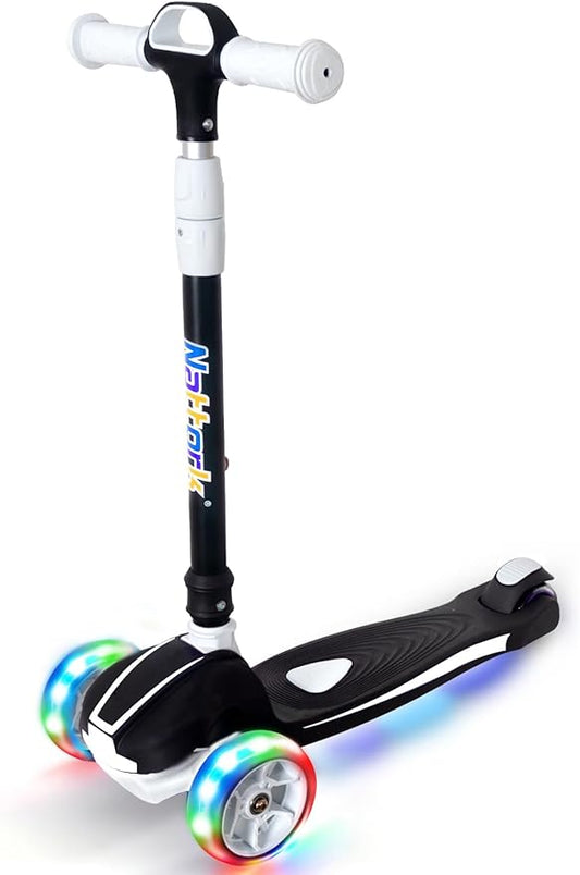 Nattork Kids Scooter for Age 3-8, Toddler Scooter with 4 Adjustable Height for Boys & Girls, Light Up 3-Wheels Foldable Kick Scooter, Lean to Steer, 120LB Weight Capacity