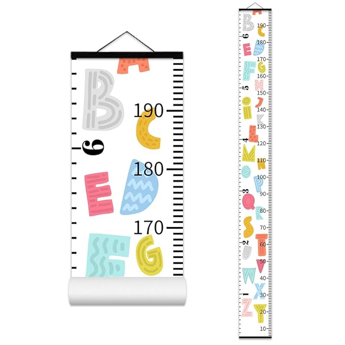 Nustila Colorful Alphabet Growth Chart for Kids Baby Height Chart Ruler Removable Canvas Wooden Frame Hanging Wall Rulers Measurement Charts for Toddler Room Nursery Decor - 79"X7.9" with Black Wood