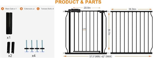 HOOEN 30" Tall Extra Wide Baby Gate for Stairs Doorways 57.5 to 62 Inch Large Long Dog Gates Tension Baby Gate Walk Through Child Gates for Kids or Pets Indoor Safety Gates