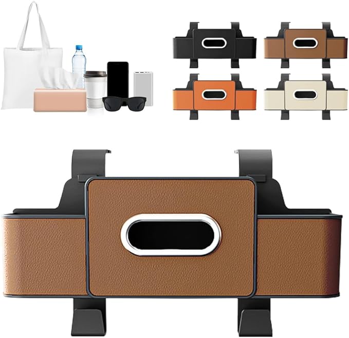 PETUPS 3-in-1 Car Backseat Organizer with Cup Holder, Tissue Box, Trash Bin & Hooks, 2026 Multifunctional Back Seat Car Organizer for Phones, Snacks, Drinks, and Handbags (brown)