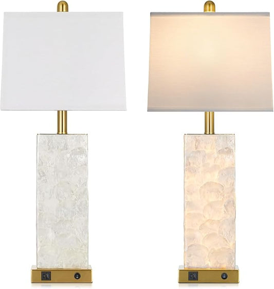 luxeflow 28" Coastal Table Lamps for Living Room Set of 2, Bedside Lamps with Night Light, USB A+C Ports, Modern Sea Shell Bedside Night Stands Light for Beachy Cottage Decor (Gold)