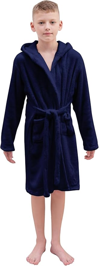 Umeyda Boys Girls Robes, Soft Fuzzy Fleece Hooded Bathrobes with Belt and Pockets for Kids, 1-18 Year