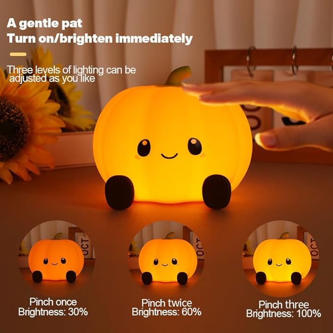 DNBFLLK Pumpkin Night Light for Kids Adult, 3 Adjustable Brightness, USB-C Rechargeable, Baby-Safe Bedside Light, Toddler Sleep Training & Kids Room Decor