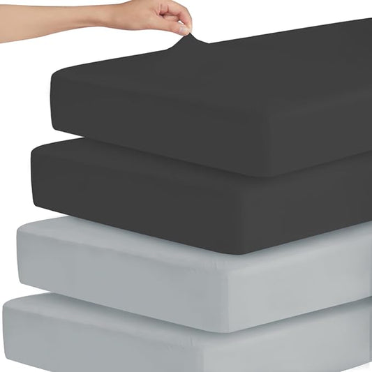 Stretchy Crib Sheets for Boys or Girls, 4 Pack Baby Sheets Fitted for Standard Crib and Toddler Mattress 52" x 28", Soft and Breathable Fitted Crib Sheets Neutral, Grey & Black