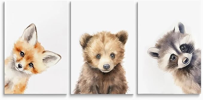 Adorable Bear Fox Raccoon Nursery Wall Decor, 3 Piece Baby Animals Art Poster for Baby Boy Girl Room Decor, Woodland Nursery Wall Art, Funny Kid Prints, Framed Canvas Set, 16"x24"x3