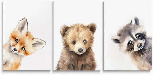 Adorable Bear Fox Raccoon Nursery Wall Decor, 3 Piece Baby Animals Art Poster for Baby Boy Girl Room Decor, Woodland Nursery Wall Art, Funny Kid Prints, Framed Canvas Set, 16"x24"x3