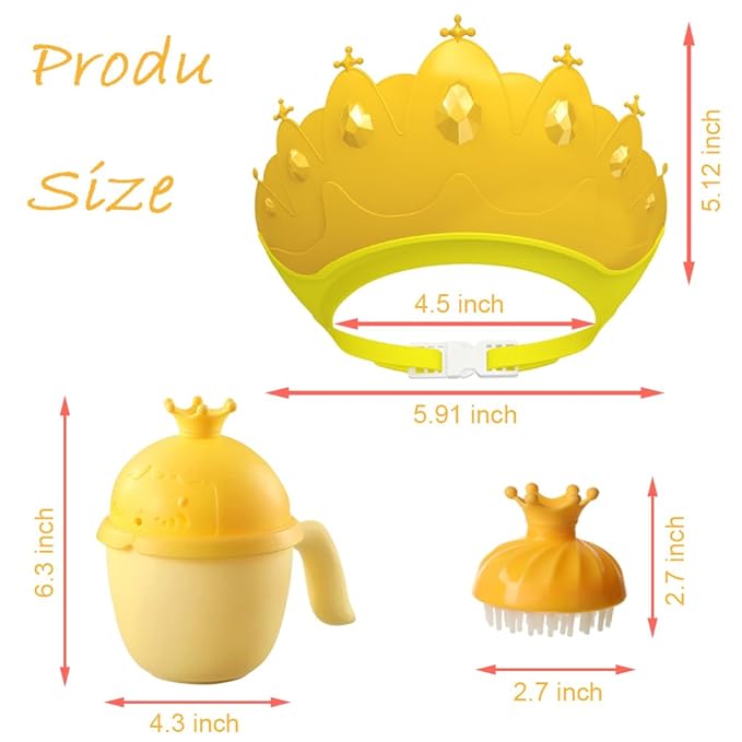 Baby Shower Cap Shield, Baby bath set shower cap/water cup/massage brush,Visor Hat for Eye and Ear Protection for 0-9 Years Old Children,Cute Crown Shape Makes the Baby Bath More Fun (Yellow)