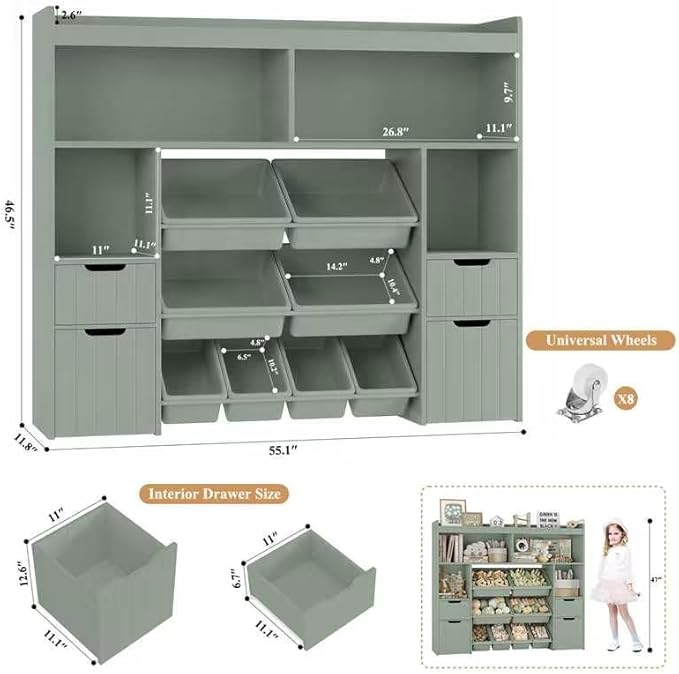 HORSTORS 55" W Toy Storage Organizer with Drawers, Large Kids Toy Storage Box with Removable Bins, Tall Kids Bookshelf and Bookcase for Boys and Girls, Modern Toy Chest for Playroom, Classroom, Green