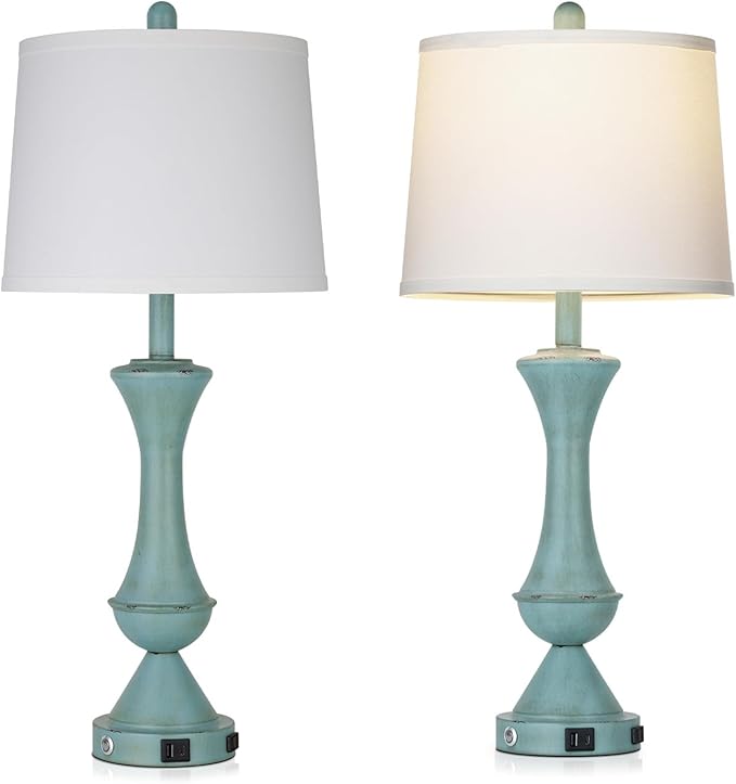luxeflow 29" Coastal Tall Blue Table Lamps Set of 2 for Living Room, Touch Control Bedroom Lamps for Nightstand, 3-Way Dimmable Bedside Lamp with USB A+C Ports & AC Outlets (2 LED Bulbs Included)
