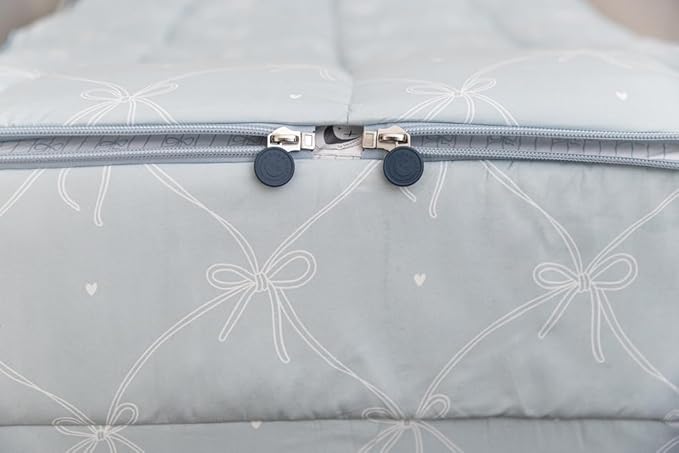 Beddy's Bow & Ribbon Themed Durable Zipper Bedding for Kids, Bed in a Bag, Baby Blue Comforter & White Pinstripe Sheets, Includes Pillowcase & Pillow Sham, Easy to Make & Wash