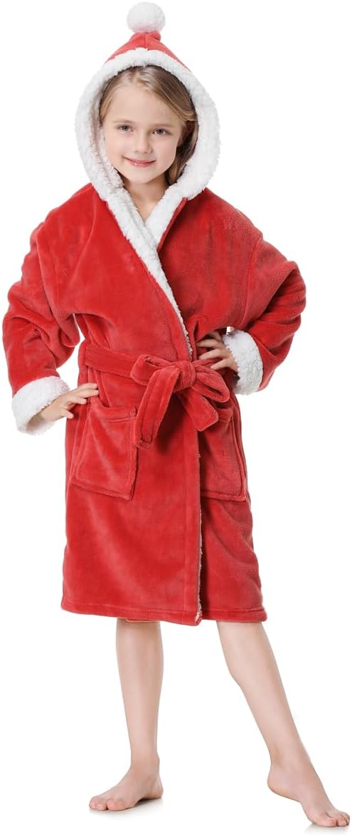 Hooded Herringbone Girl's Fleece Soft Spa Kimono Long Robe,Kids Comfy Sleepwear Bathrobe