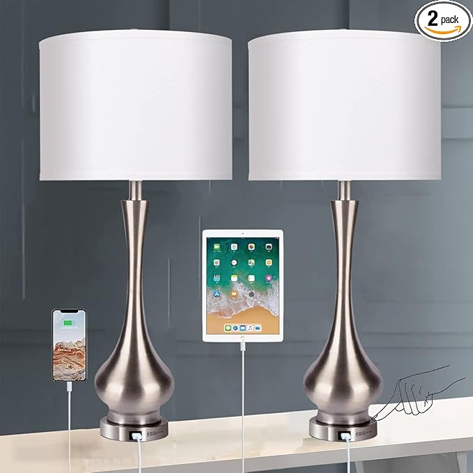 30" Large Modern Table Lamps Set of 2 for Living Room Bedroom with USB Charging Port,3-Way Dimmable Brushed Steel Nightstand Lamp Sets Bedside Touch Desk Lamp with White Fabric Shade (Bulb Included)