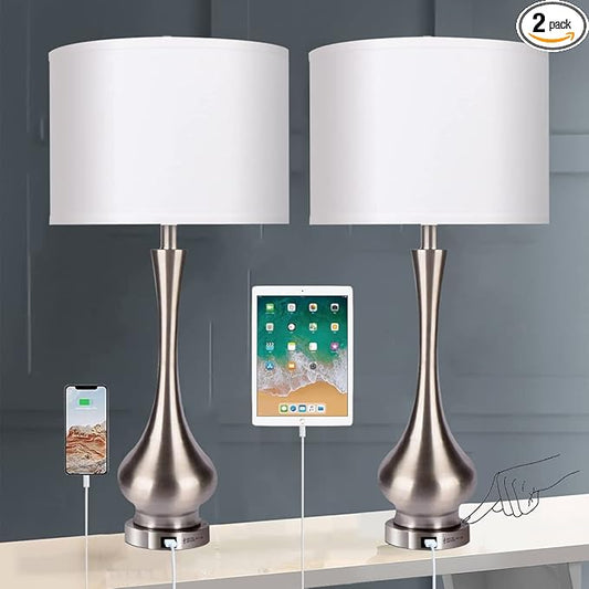 30" Large Modern Table Lamps Set of 2 for Living Room Bedroom with USB Charging Port,3-Way Dimmable Brushed Steel Nightstand Lamp Sets Bedside Touch Desk Lamp with White Fabric Shade (Bulb Included)
