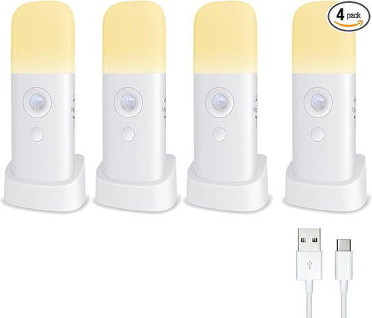CREWEEL Motion Sensor Night Lights Indoor, Rechargeable Night Light Battery Powered, Portable Nightlight with Adjustable Brightness Activated Table Lamp for Kids, Adults(Warm Light, 4 Pack)