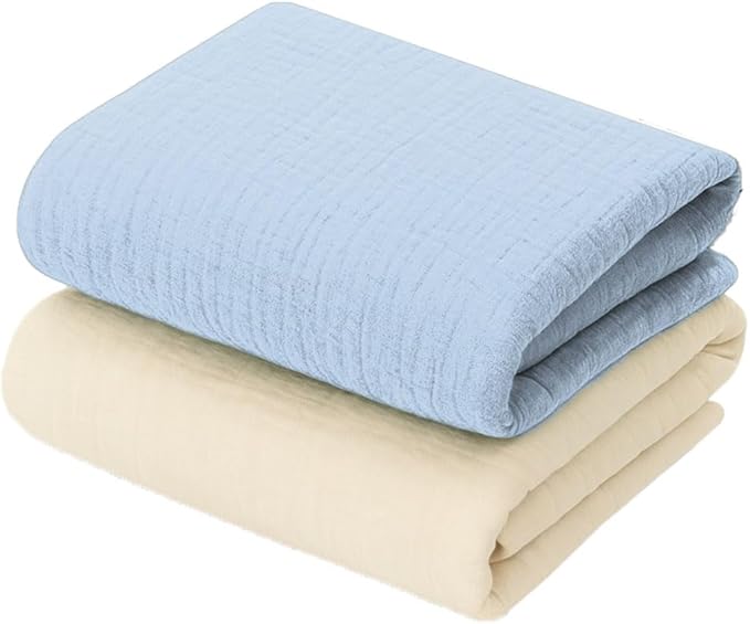 Mère & Moi Muslin Fitted Crib Sheets – 100% Cotton, Ultra-Soft & Breathable Baby Bedding for Standard Crib & Toddler Mattress (28” x 52”) - 2 Pack (Light Blue and Cream)