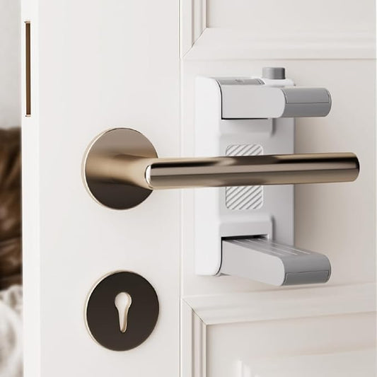 YEYA Upgrade Child Safety Door Handle Lock, White Universal Fit Lever Locks with Stong 3M Adhesive Backing, 1-Pack Toddler Proof Safety Locks for Indoor Doors, Dual-Button Security & Easy Installation