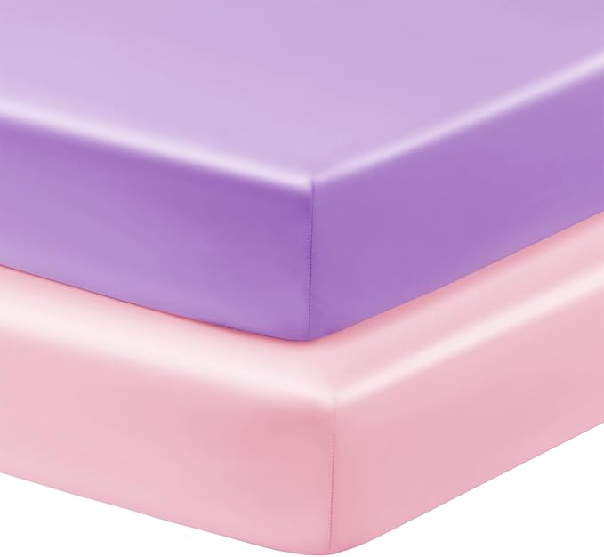 Horbaunal 2 Pack Satin Crib Sheets for Baby with Sensitive Hair, 52" x 28" x 8" Silky Fitted Crib Sheets, Soft Toddler Sheet Baby Mattress Sheet, Blush Pink & Violet