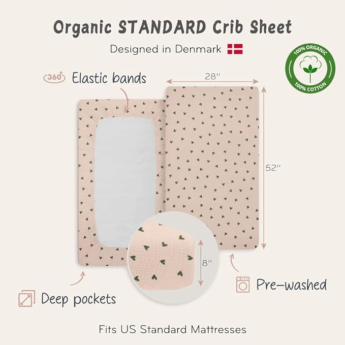 Crib Sheets – Organic Cotton Muslin Fitted Crib Sheet – Standard Size for Baby Boy and Baby Girl 28" x 52" Ultra-Soft and Breathable. (Green Hearts)
