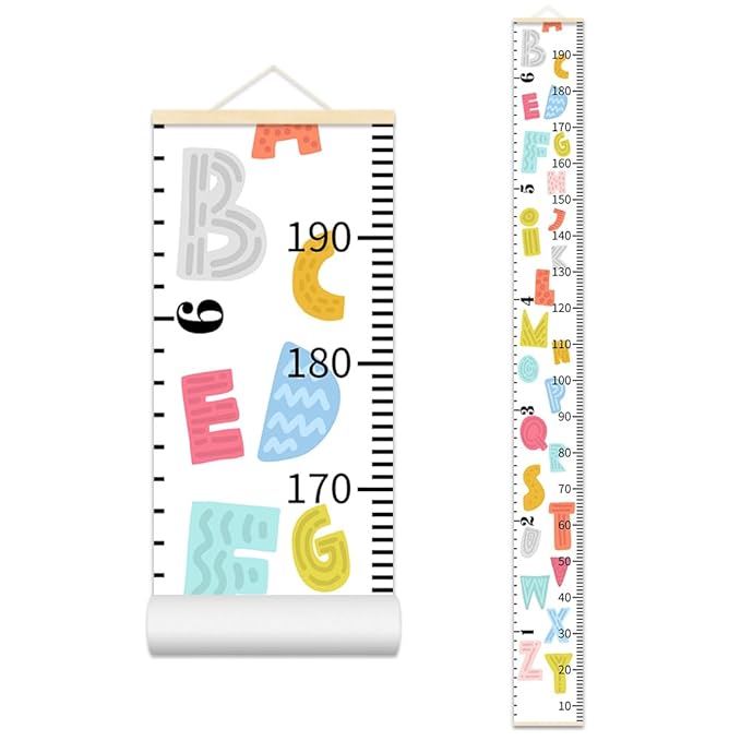Nustila Colorful Alphabet Growth Chart for Kids Baby Height Chart Ruler Removable Canvas Wooden Frame Hanging Wall Rulers Measurement Charts for Toddler Room Nursery Decor - 79"X7.9" with Beige Wood