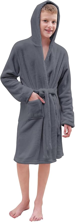 Umeyda Boys Girls Robes, Soft Fuzzy Fleece Hooded Bathrobes with Belt and Pockets for Kids, 1-18 Year