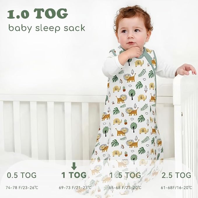 Baby Sleep Sack 0-6 Months 1.0 TOG, 100% Cotton Baby Wearable Blanket with 2-Way Zipper, Infant Toddler Sleeping Sack for Newborn Boys and Girls, Green & Lion