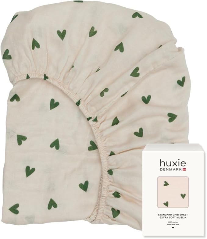 Crib Sheets – Organic Cotton Muslin Fitted Crib Sheet – Standard Size for Baby Boy and Baby Girl 28" x 52" Ultra-Soft and Breathable. (Green Hearts)