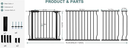 Extra Wide Baby Gate Tension Indoor Safety Gates Black Metal Large Pressure Mounted Pet Gate Walk Through Long Safety Dog Gate for The House Doorways Stairs (76.38"-81.10"/194-206CM, Black)