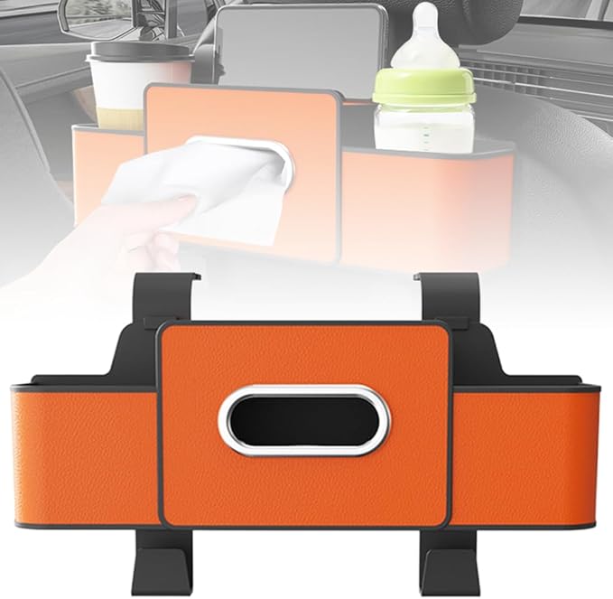 Fiopet 3-in-1 Car Seat Back Storage Box, 2026 New Multifunctional Car Back Seat Organizer with Cup Holder, Tissue Box, Trash Bin & Hooks for Hold Phones, Snacks, Drinks, Handbags (Orange)
