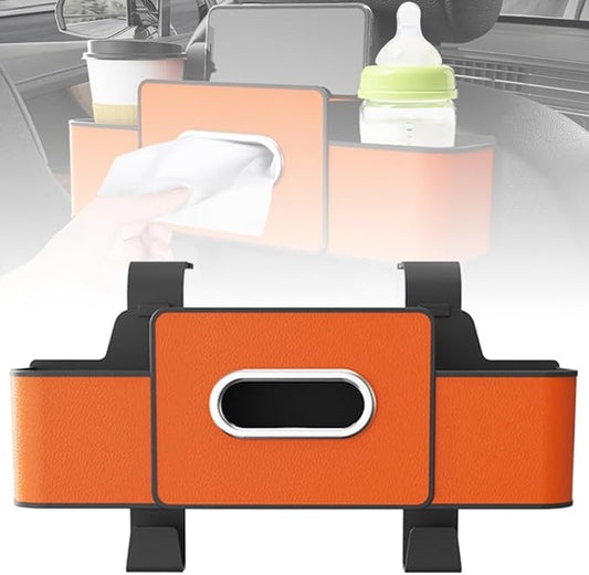 Fiopet 3-in-1 Car Seat Back Storage Box, 2026 New Multifunctional Car Back Seat Organizer with Cup Holder, Tissue Box, Trash Bin & Hooks for Hold Phones, Snacks, Drinks, Handbags (Orange)