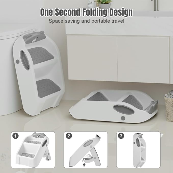 Step Stool for Toddlers, Toddler Step Stool for Bathroom Sink, Foldable Non-Slip Kids Stool with Handle, 2 Step Stools for Kids, Toddler Stool for Kitchen Bedroom Counter Sink (Grey)